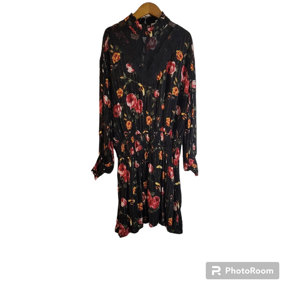 Entro Dress Womens Large Black Dark Floral Honeybee Lace Smocked Goth Romantic